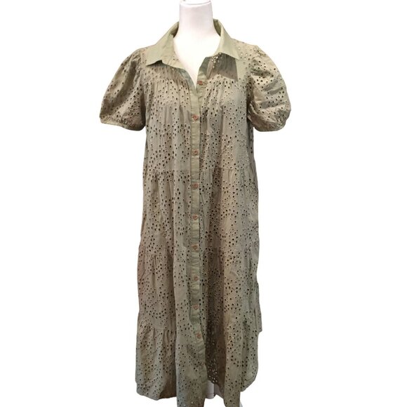 Happy Threads Eyelet Green Button-Down Dress Short Puff Sleeves Large - Picture 1 of 7